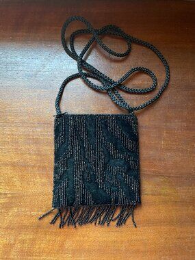 Y2K Black Beaded Velvet Mini Fringe Crossbody Bag